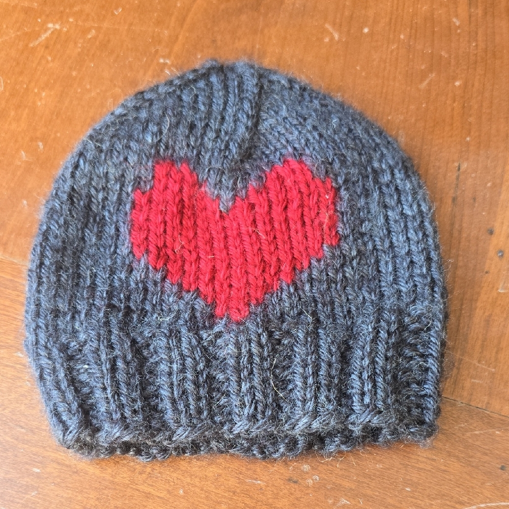Gray and Red Heart Knit Beanie